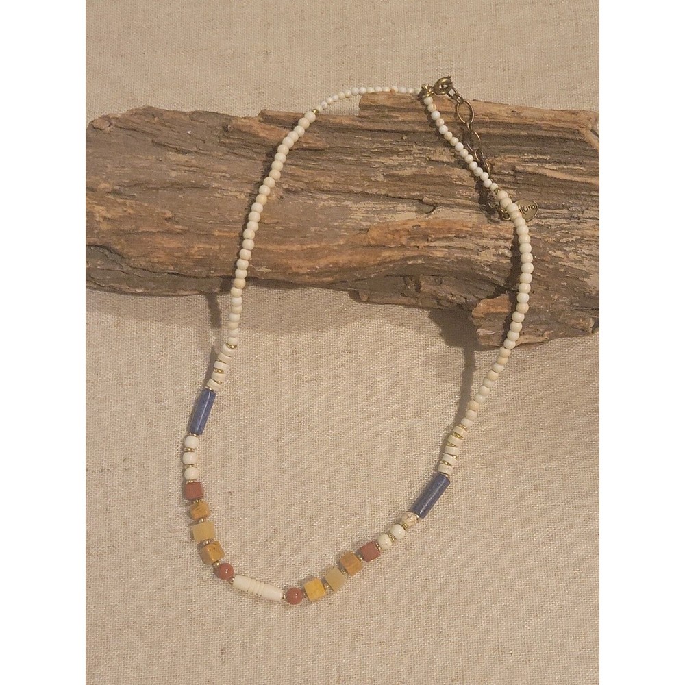 VINTAGE signed NATURE Natural Stone & Glass Beaded Surfer Beach Style Necklace